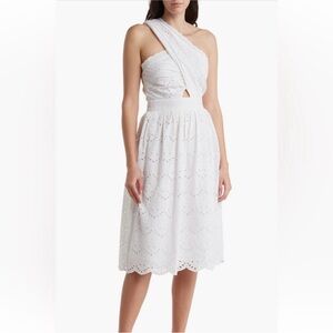 French Connection One-Shoulder White Eyelet Midi Dress, Size 4